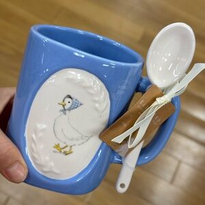 Rae Dunn Blue Mug with Duck Design and Spoon